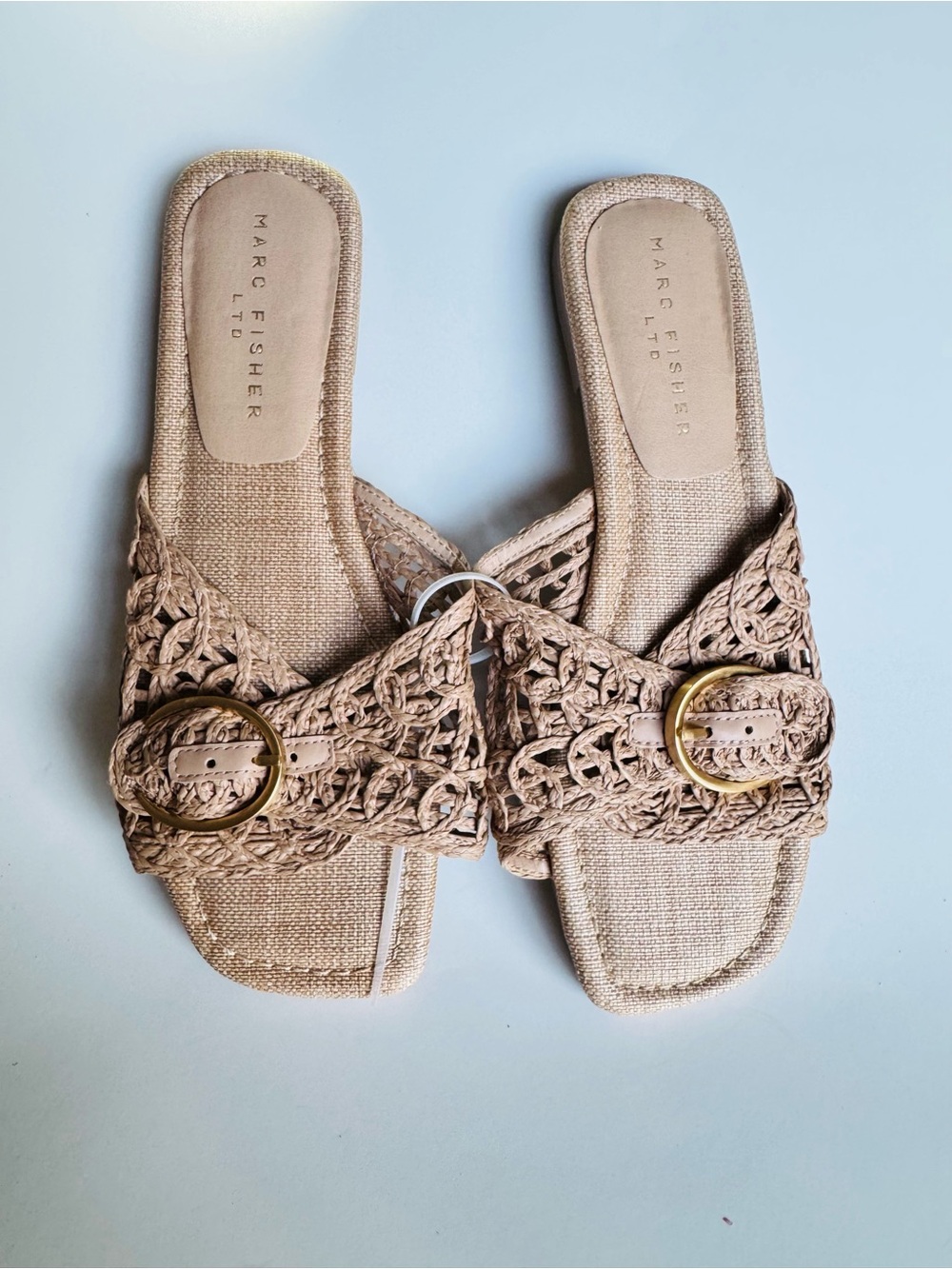 Marc Fisher Tan Crochet Slide Sandals with Gold Buckles